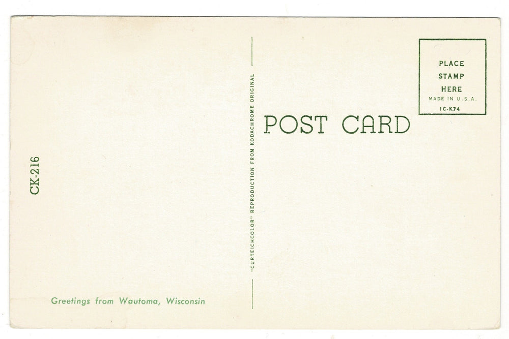 1951 Sunset Over Lake Wautoma, Waushara County Wisconsin postcard.