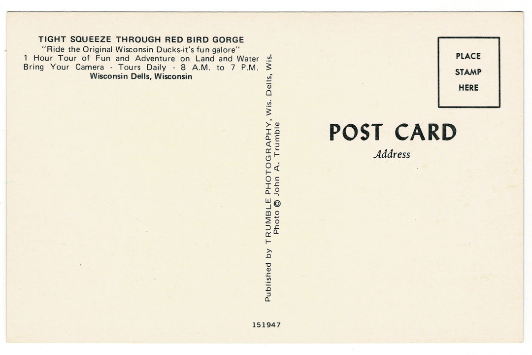 1960s Duck Squeezes Through Red Bird Gorge, Wisconsin Dells postcard.