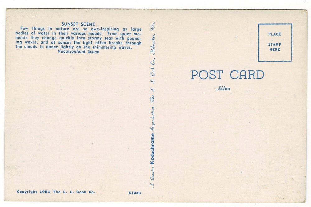 1951 Stormy Beach at Sunset, Wisconsin Vacationland Vintage Postcard.