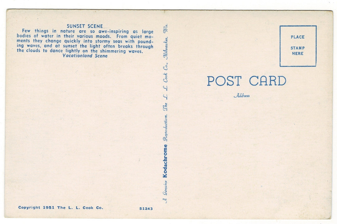 1951 Stormy Beach at Sunset, Wisconsin Vacationland Vintage Postcard.