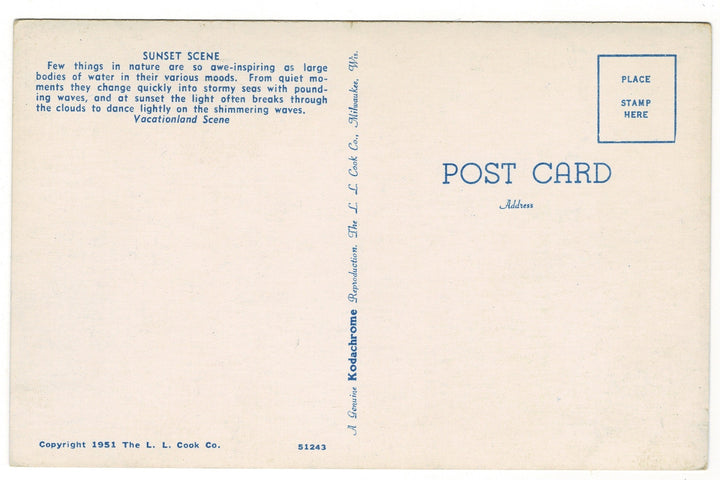 1951 Stormy Beach at Sunset, Wisconsin Vacationland Vintage Postcard.