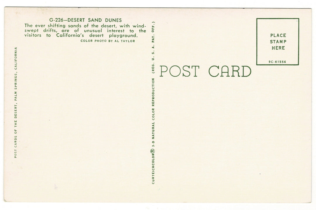 1959 Desert Sand Dunes, Palm Springs, California Vintage Postcard.