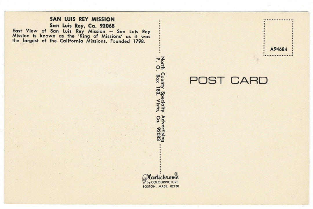 1960s Mission San Luis Rey de Francia Oceanside CA Vintage Postcard.