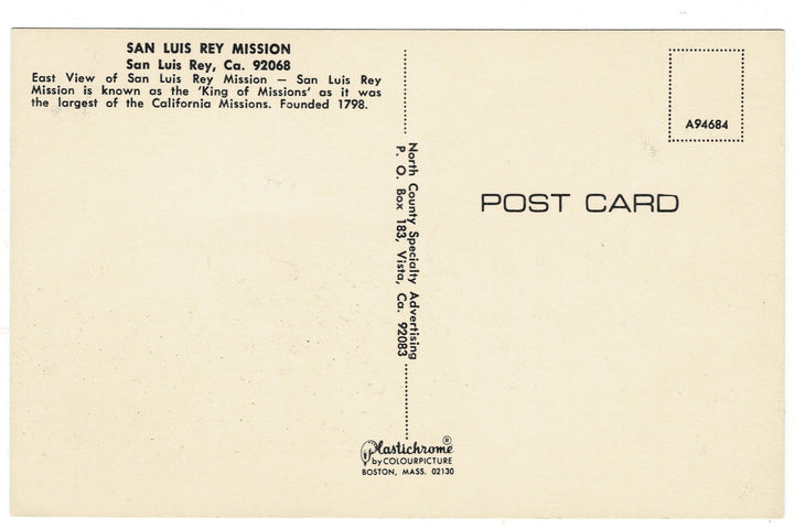 1960s Mission San Luis Rey de Francia Oceanside CA Vintage Postcard.