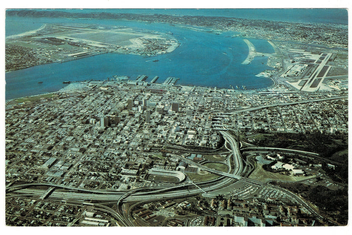 1960s Aerial View of San Diego Harbor, California Vintage Postcard.