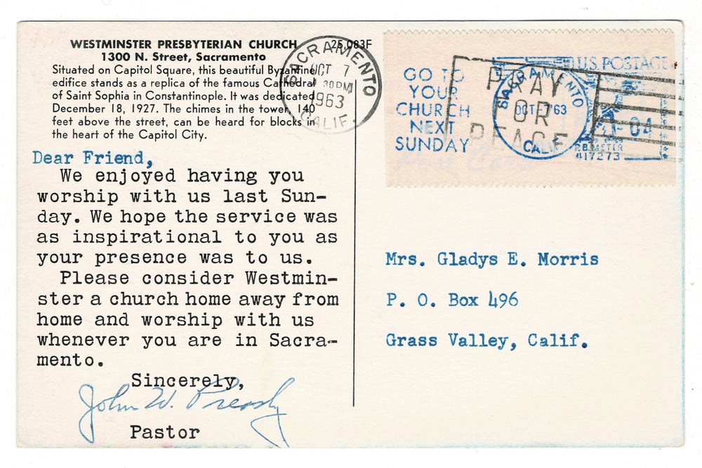 1963 Westminster Presbyterian Church, Sacramento, CA, Vintage Postcard.