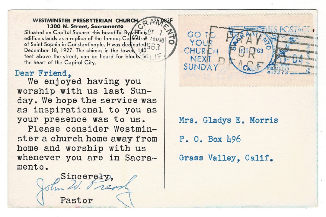 1963 Westminster Presbyterian Church, Sacramento, CA, Vintage Postcard.