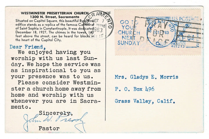 1963 Westminster Presbyterian Church, Sacramento, CA, Vintage Postcard.