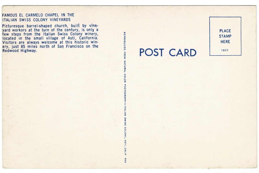 50s El Carmelo Chapel Italian Swiss Colony Vineyards Asti CA Postcard.