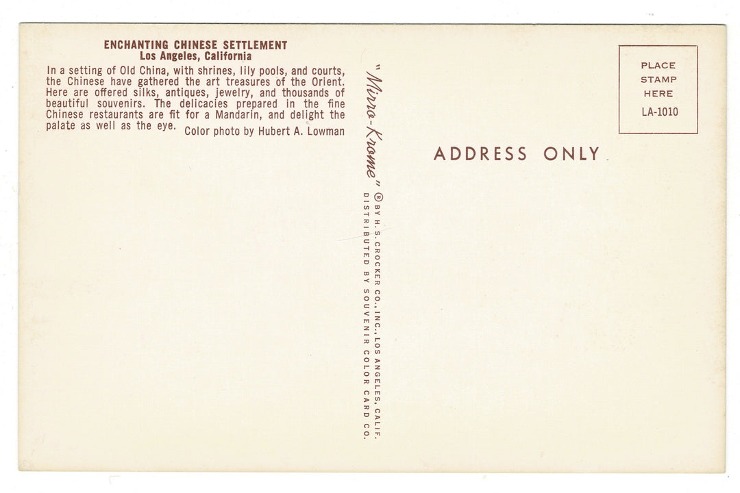 1950s Central Plaza, Chinatown, Los Angeles, California Vintage Postcard.