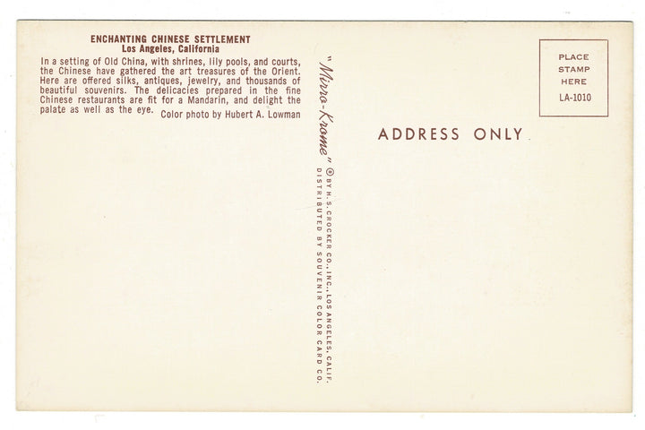 1950s Central Plaza, Chinatown, Los Angeles, California Vintage Postcard.