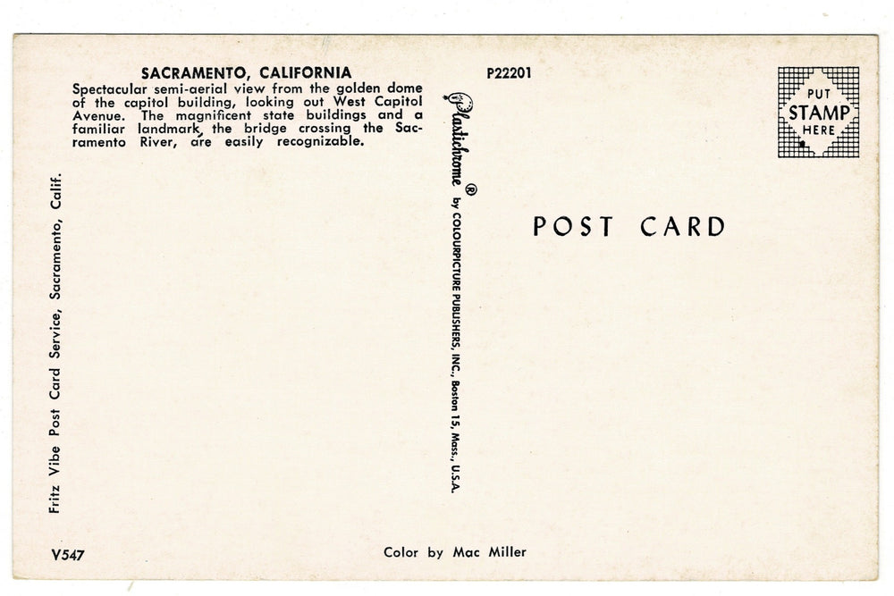 1950s Aerial View Sacramento from Capitol Dome, CA Vintage Postcard.