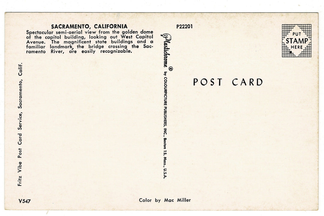 1950s Aerial View Sacramento from Capitol Dome, CA Vintage Postcard.