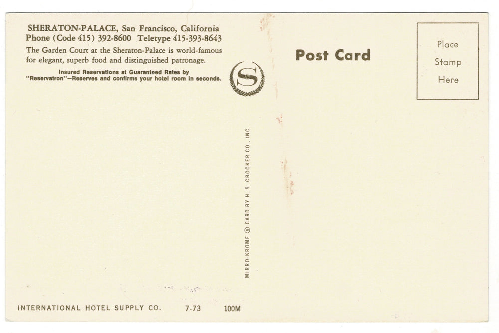 1950s Garden Court, Palace Hotel, San Francisco, CA Vintage Postcard.