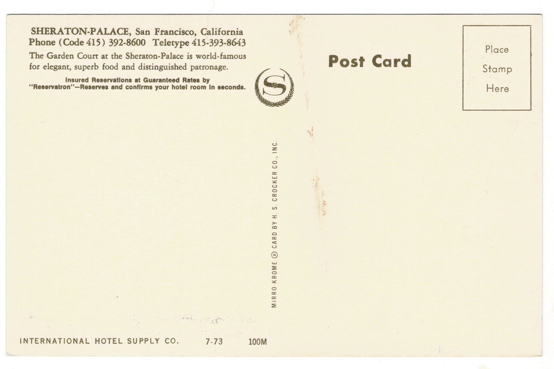 1950s Garden Court, Palace Hotel, San Francisco, CA Vintage Postcard.