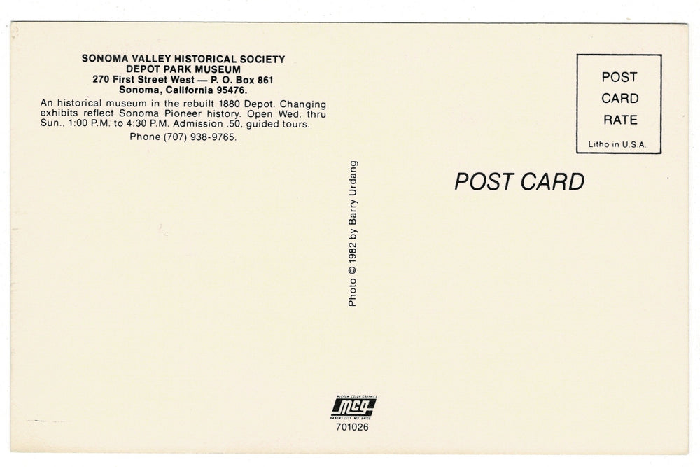 1980s Depot Park Museum, Sonoma, California Vintage Postcard.