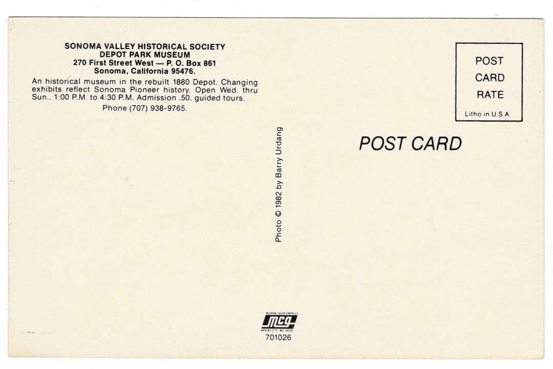 1980s Depot Park Museum, Sonoma, California Vintage Postcard.