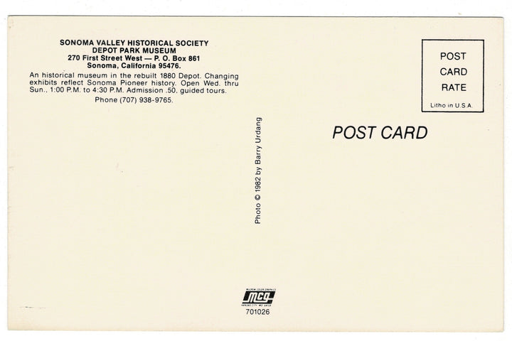 1980s Depot Park Museum, Sonoma, California Vintage Postcard.