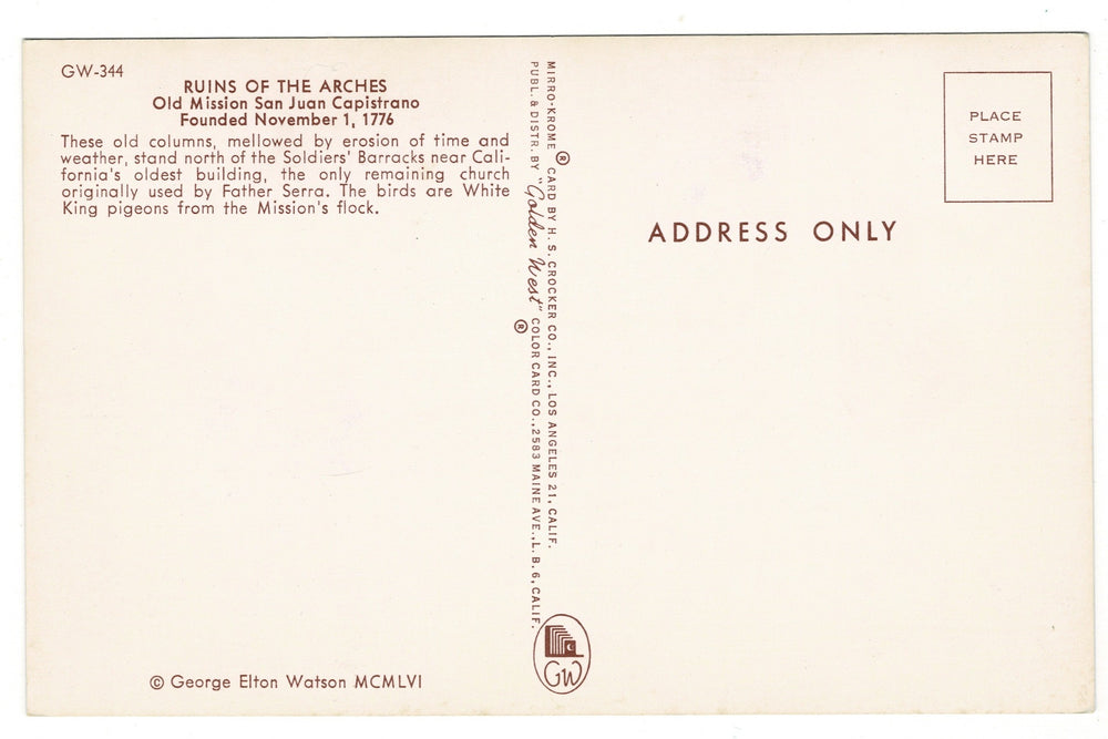 1950s Ruins of the Arches Mission San Juan Capistrano, CA Vtg Postcard.