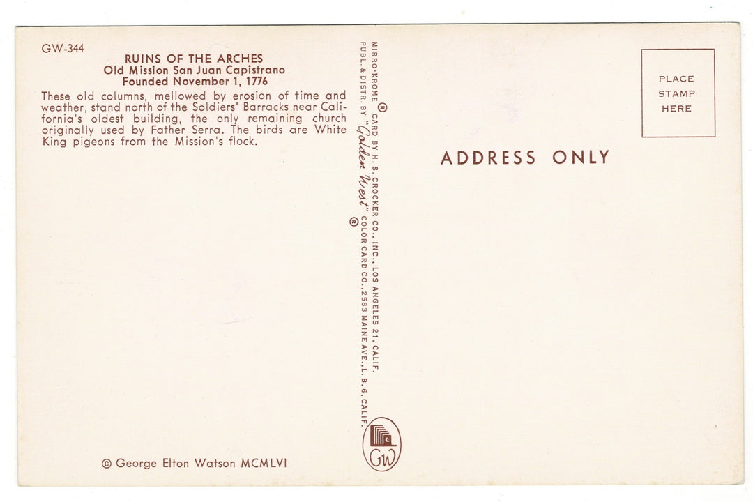 1950s Ruins of the Arches Mission San Juan Capistrano, CA Vtg Postcard.