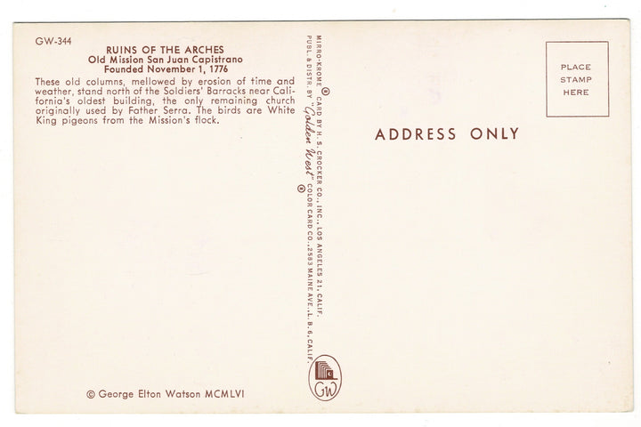 1950s Ruins of the Arches Mission San Juan Capistrano, CA Vtg Postcard.