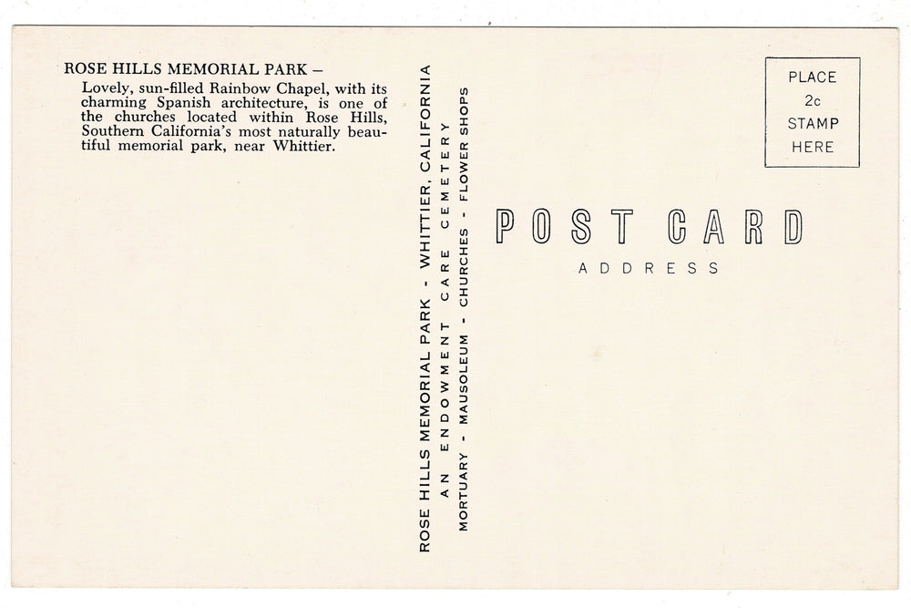 1950s Rainbow Chapel Rose Hills Memorial Park Whittier CA Vtg Postcard.