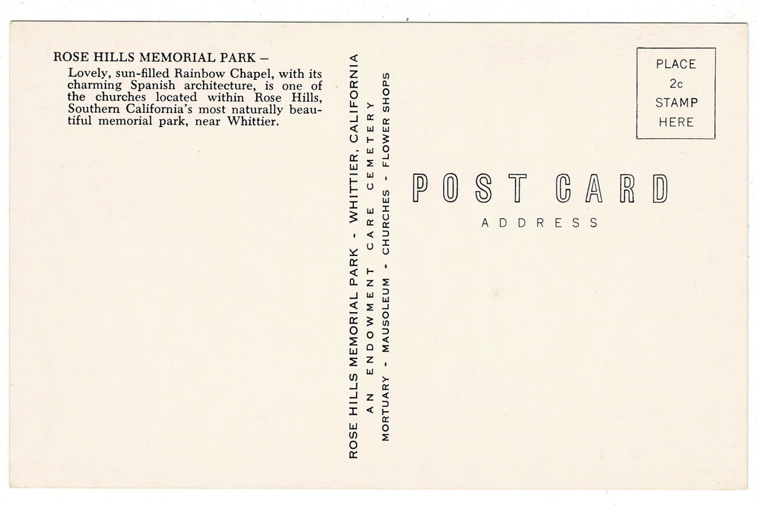 1950s Rainbow Chapel Rose Hills Memorial Park Whittier CA Vtg Postcard.