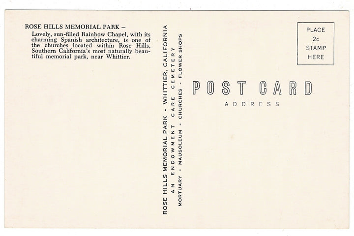 1950s Rainbow Chapel Rose Hills Memorial Park Whittier CA Vtg Postcard.