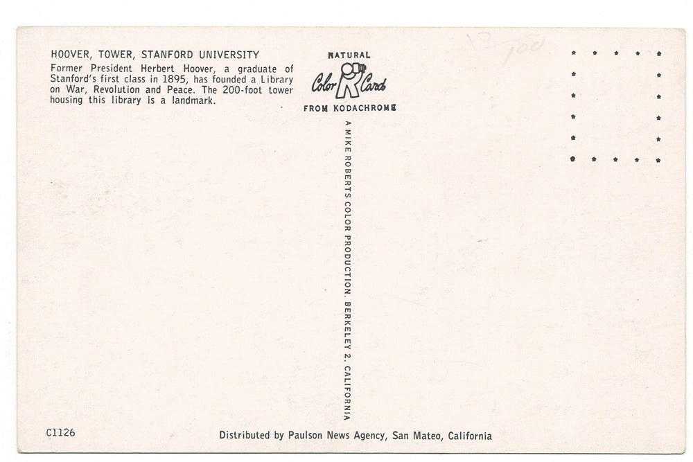 1950s Hoover Tower Stanford University, California Vintage Postcard.