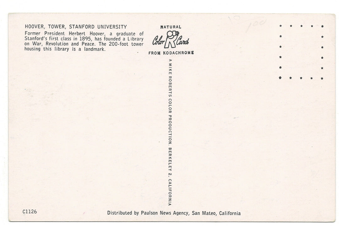 1950s Hoover Tower Stanford University, California Vintage Postcard.