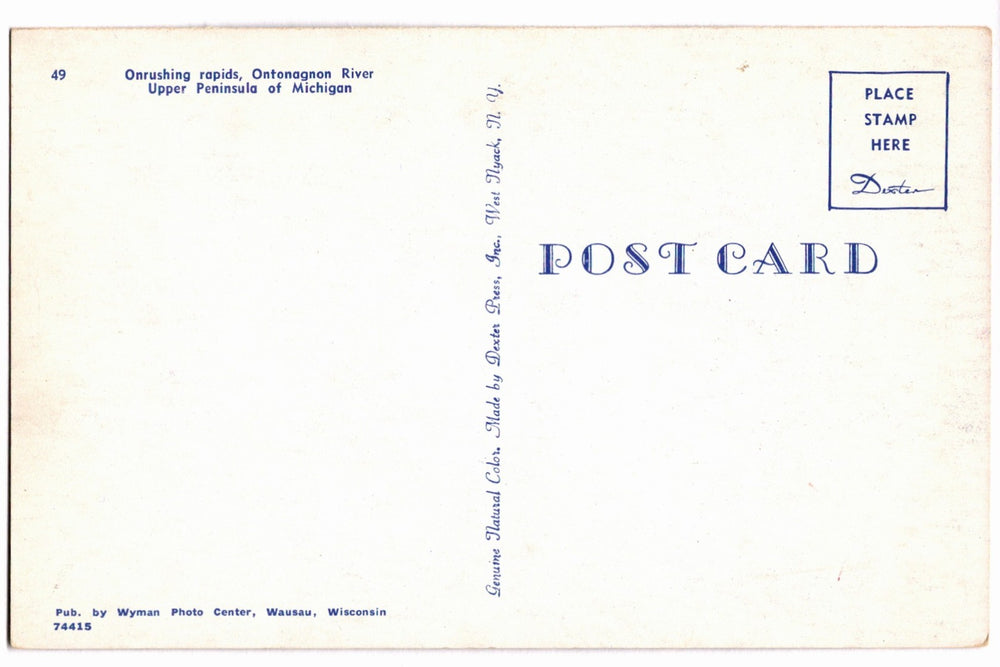 1960 Onrushing Rapids Ontonagon River Upper Peninsula MI Vtg Postcard.