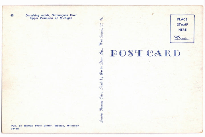 1960 Onrushing Rapids Ontonagon River Upper Peninsula MI Vtg Postcard.