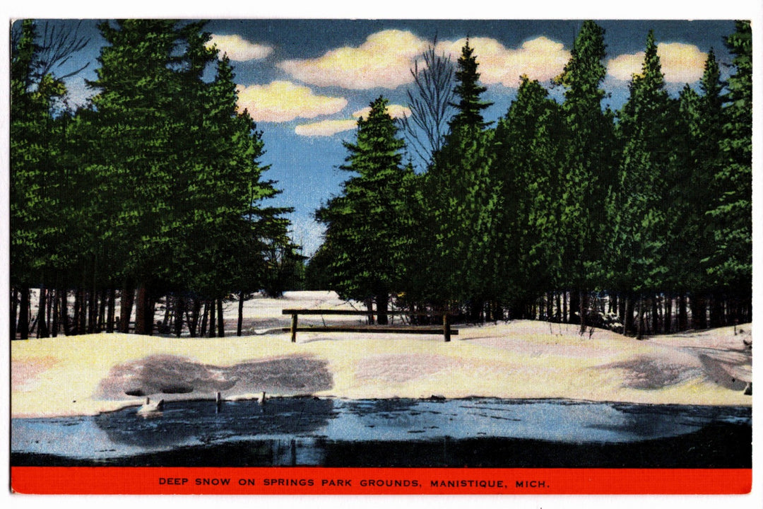 1930-40s Manistique Springs Winter Scene in Michigan Vintage Postcard.