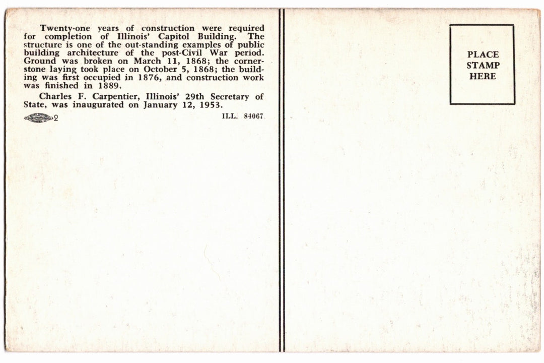 1950s Illinois State Capitol and Carpentier Vintage Postcard.