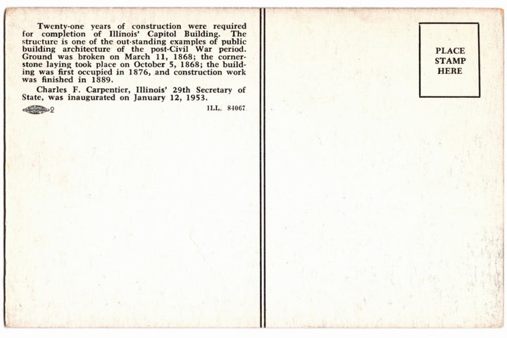 1950s Illinois State Capitol and Carpentier Vintage Postcard.