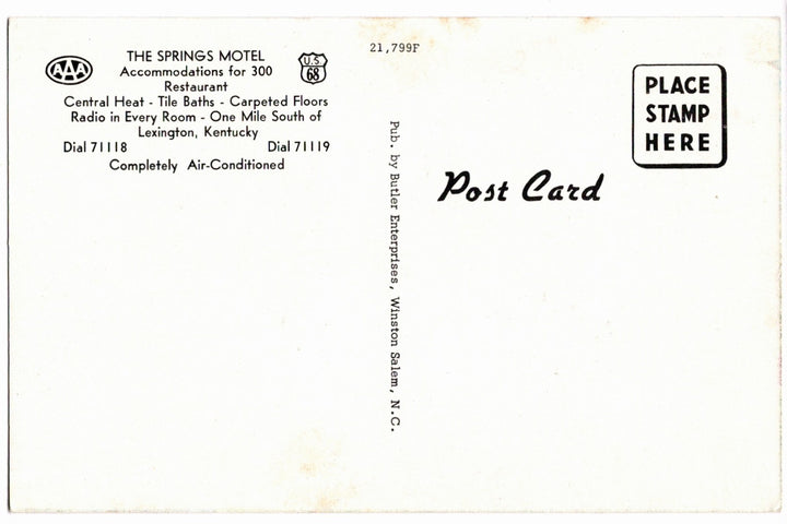 1955-60 Springs Motel in Lexington Kentucky Vintage Postcard.
