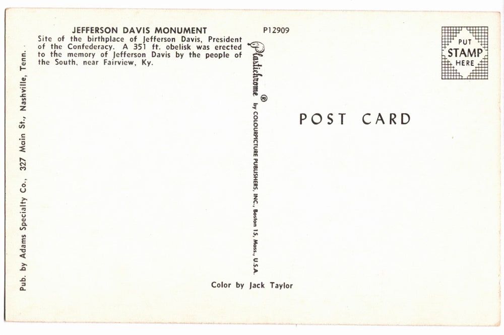 1950s Jefferson Davis Monument in Fairview, Kentucky vintage postcard.
