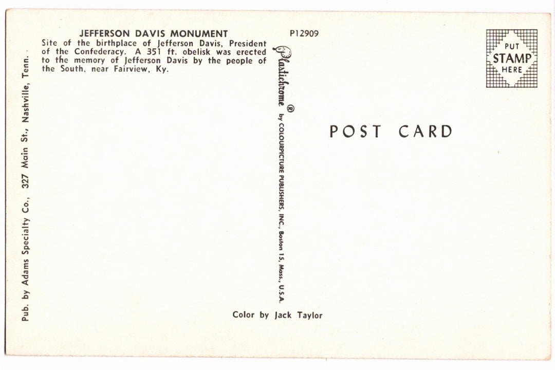 1950s Jefferson Davis Monument in Fairview, Kentucky vintage postcard.
