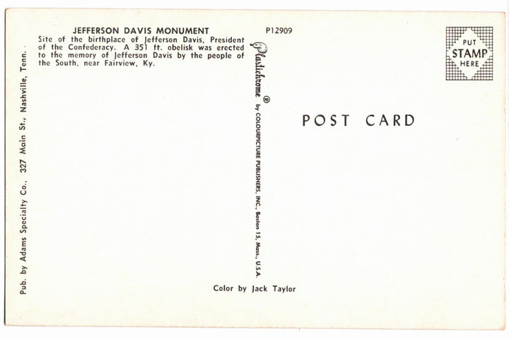 1950s Jefferson Davis Monument in Fairview, Kentucky vintage postcard.