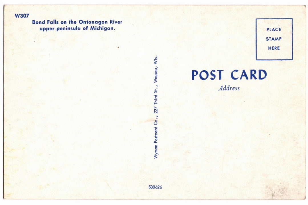 1950s Bond Falls in Michigan’s Upper Peninsula Vintage Postcard.