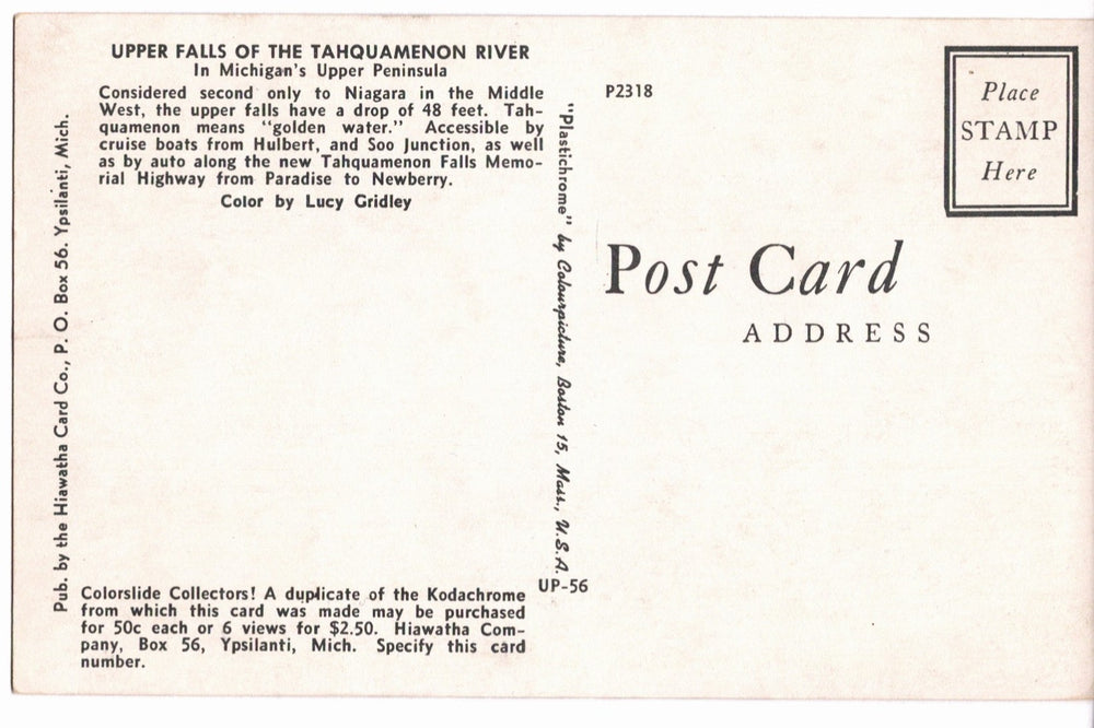 1958 Tahquamenon River Falls Upper Peninsula Michigan Vintage Postcard.