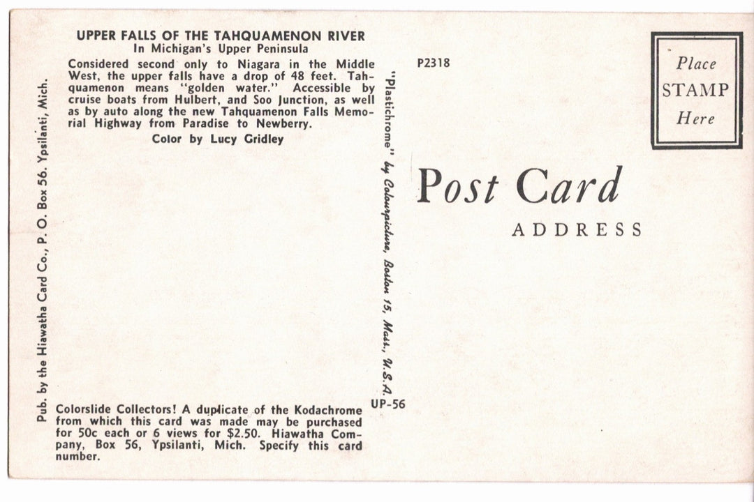 1958 Tahquamenon River Falls Upper Peninsula Michigan Vintage Postcard.