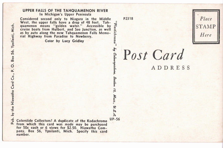 1958 Tahquamenon River Falls Upper Peninsula Michigan Vintage Postcard.