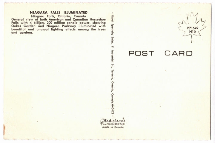 1970s Illuminated Niagara Falls Ontario Canada Vintage Postcard.