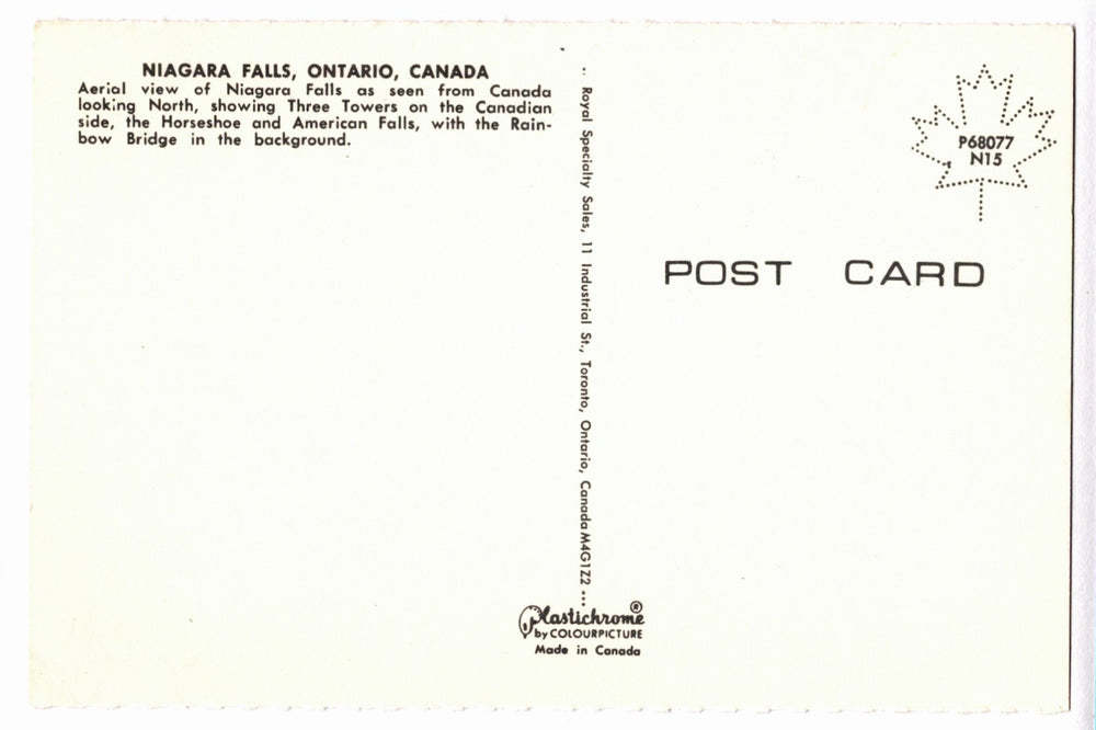 Back of a postcard from Niagara Falls, Ontario, Canada with text and a logo.