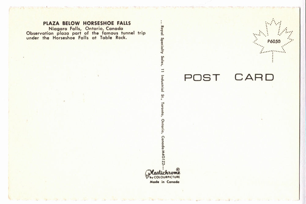 Back of a postcard from Plaza Below Horseshoe Falls, Niagara Falls, Ontario, Canada.