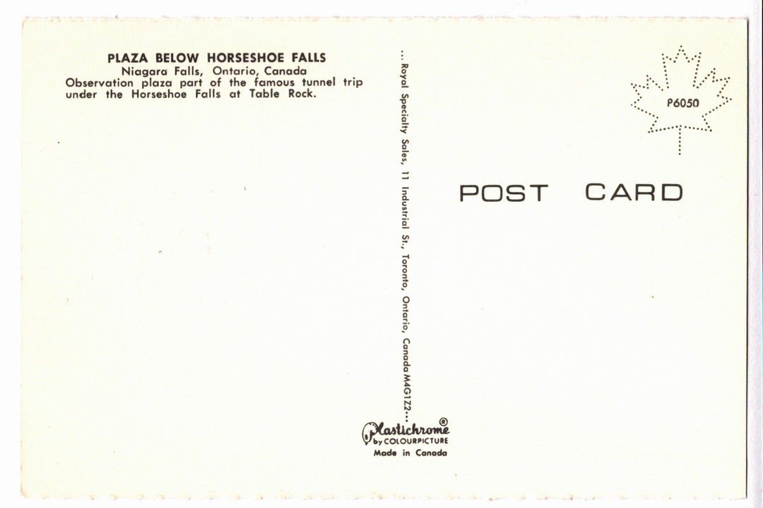 Back of a postcard from Plaza Below Horseshoe Falls, Niagara Falls, Ontario, Canada.