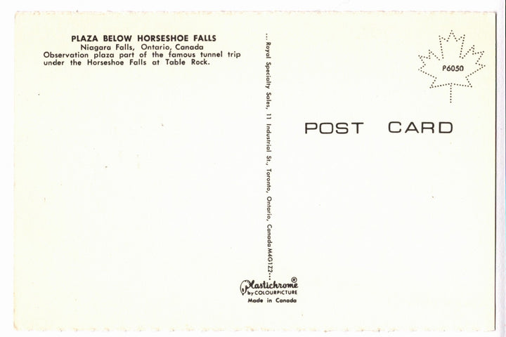 Back of a postcard from Plaza Below Horseshoe Falls, Niagara Falls, Ontario, Canada.
