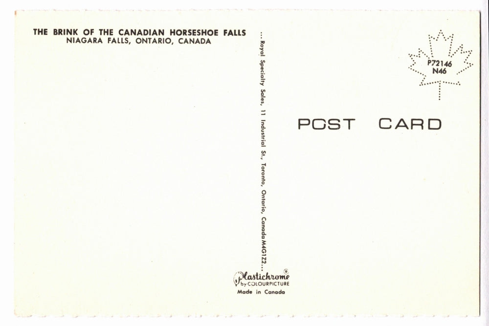 Back of a postcard from Niagara Falls, Ontario, Canada with text and a maple leaf design.