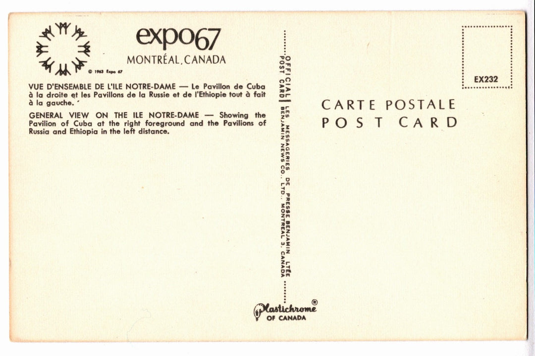 Back of a postcard from Expo 67 in Montreal, Canada, featuring text and branding.